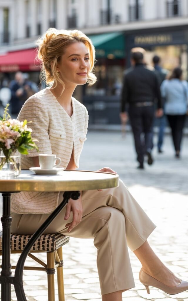 Full-body shot of a woman with blonde hair in a loose bun, wearing a cream tweed jacket, beige cigarette pants, and nude heels. She’s seated elegantly at a Parisian-style café table outdoors. Warm morning light and blurred pedestrians in the background. She’s holding a coffee cup, gaze slightly off-camera, effortlessly chic.
