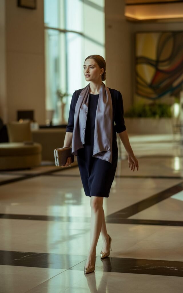 Full-body shot of a woman with light skin and refined features, wearing a navy sheath dress and nude pumps, styled with a silk scarf draped loosely around her neck. She’s walking through a high-end hotel lobby. Natural window light brightens the scene. Slight smile, holding a small clutch, effortlessly elegant. Need to mid shot image.