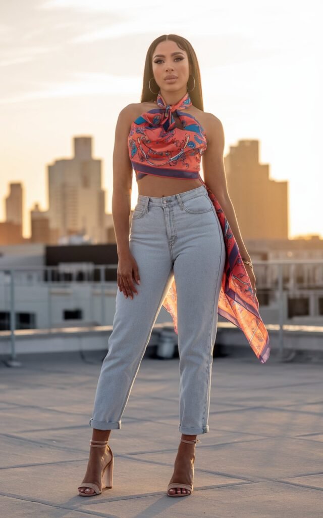 Full-body shot on a rooftop at sunset with warm golden light. The model wears a bright printed scarf top, light-wash low-rise jeans, hoop earrings, and strappy heels. Her hair is straightened, and she poses confidently with one hand on her hip.