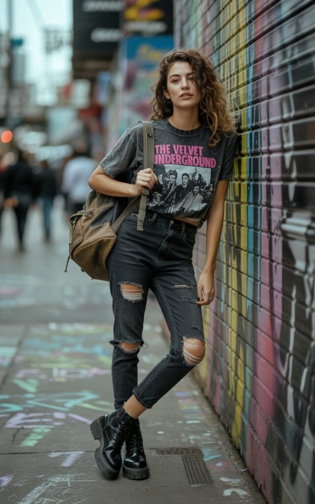 Full-body shot on an urban street wall covered in graffiti. The model wears distressed skinny jeans, a vintage band graphic tee, and chunky black boots. A leather backpack hangs from one shoulder. She leans casually against the wall with a cool, nonchalant expression, hair styled in messy waves.