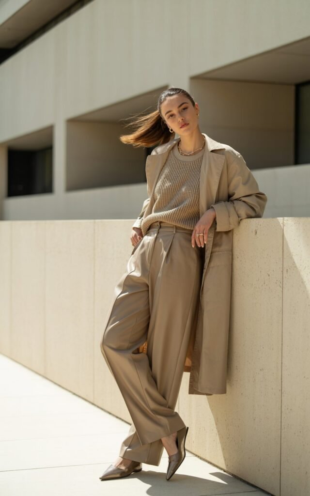 Full-body shot outdoors near minimalist architecture. Model in layered beige tones — knit sweater, tailored trousers, and trench coat — with gold jewelry and pointed flats. Hair in sleek ponytail. Natural daylight with soft shadows. Pose leaning slightly on wall, serene expression.