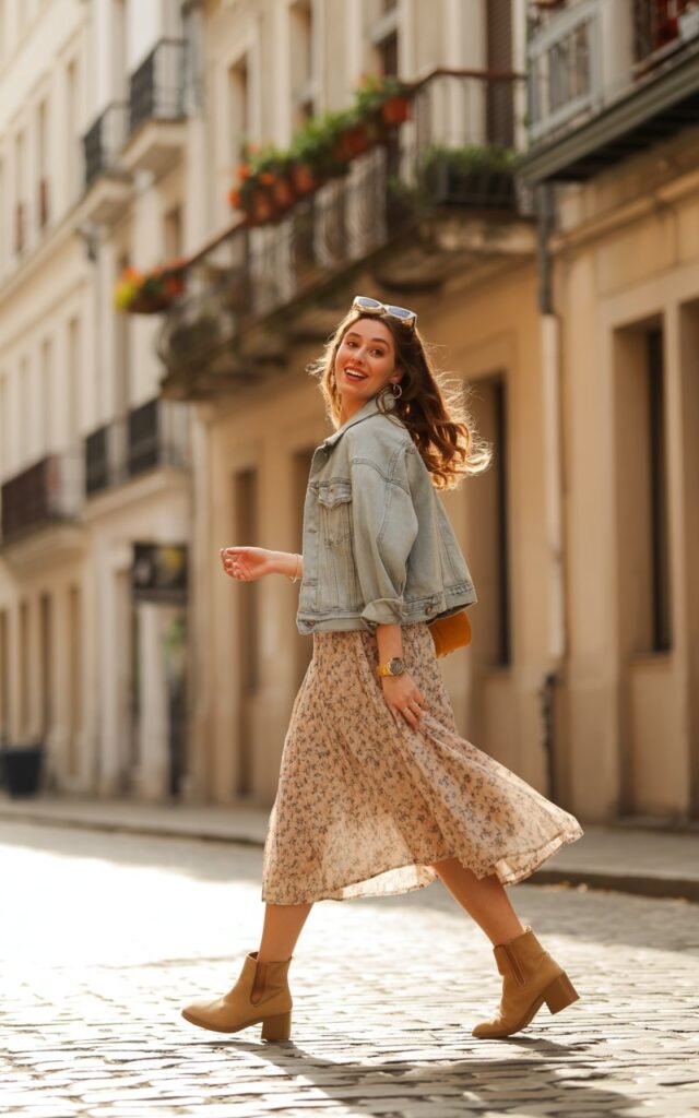 Full-body street-style shot of the model walking down a cobblestone street during golden hour. She wears a flowy floral sundress with a light-wash denim jacket and ankle boots. Sunglasses perch on her head, her hair flows naturally in the breeze. She glances over her shoulder mid-walk with a candid smile.