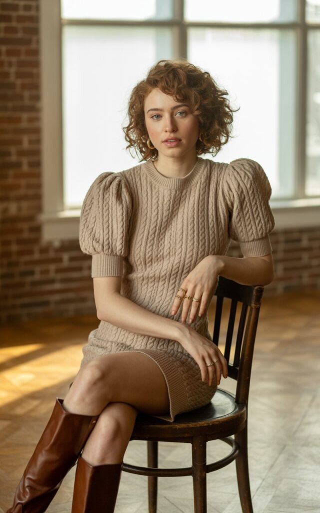 Full-body view in a cozy indoor studio with soft window light. The model wears a fitted beige knit dress with puffed sleeves, knee-high boots, and delicate rings. Her pose is confident yet relaxed, seated on a wooden chair, hair in soft curls.