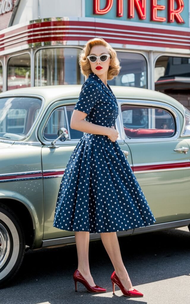 Full-body view in front of a retro diner. The model wears a navy polka-dot midi dress, red heels, and cat-eye sunglasses. Her red lipstick pops against her porcelain skin. The lighting is bright and crisp, evoking vintage charm.