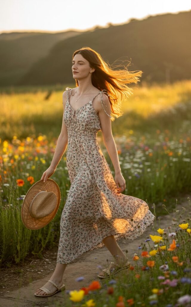 Full-body view of a model walking through a wildflower field at sunset. She wears a flowing floral maxi dress with tie straps, straw hat in hand, and sandals. Her expression is peaceful, with golden light catching her hair and the dress moving with the breeze.