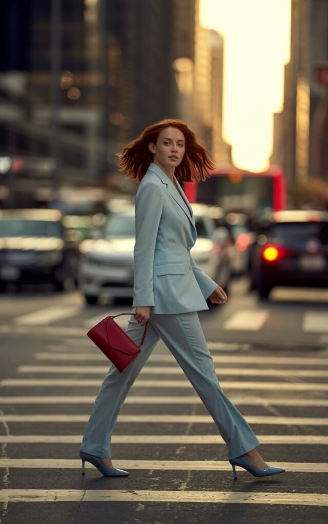 Full-body view of a red-haired woman with sharp cheekbones, walking through a downtown crosswalk. She wears a powder-blue tailored suit with matching trousers and pumps, accented by a bold red handbag. Captured in golden-hour sunlight with blurred traffic in the background. Her expression is confident, stride purposeful.