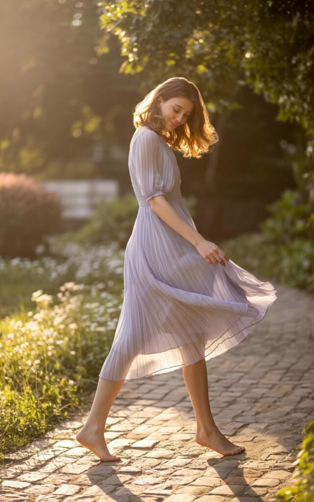 Full-body view of a white-skinned female model walking barefoot through a sunlit garden path in golden hour light, wearing a flowy pastel chiffon midi dress with puff sleeves. Her hair flows naturally in soft waves. She’s holding the dress lightly as it sways, smiling softly. The scene feels airy, whimsical, and romantic.
