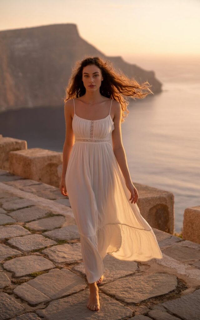 Full-body view of a white-skinned female model with sharp features and wavy brunette hair, wearing a flowy white maxi dress with thin straps and lace details. She walks barefoot along a cobblestone coastal path, sea cliffs in the background during golden hour. Soft natural sunlight highlights her glowing skin and the movement of the fabric. The mood is dreamy and romantic, with a light breeze catching her hair.