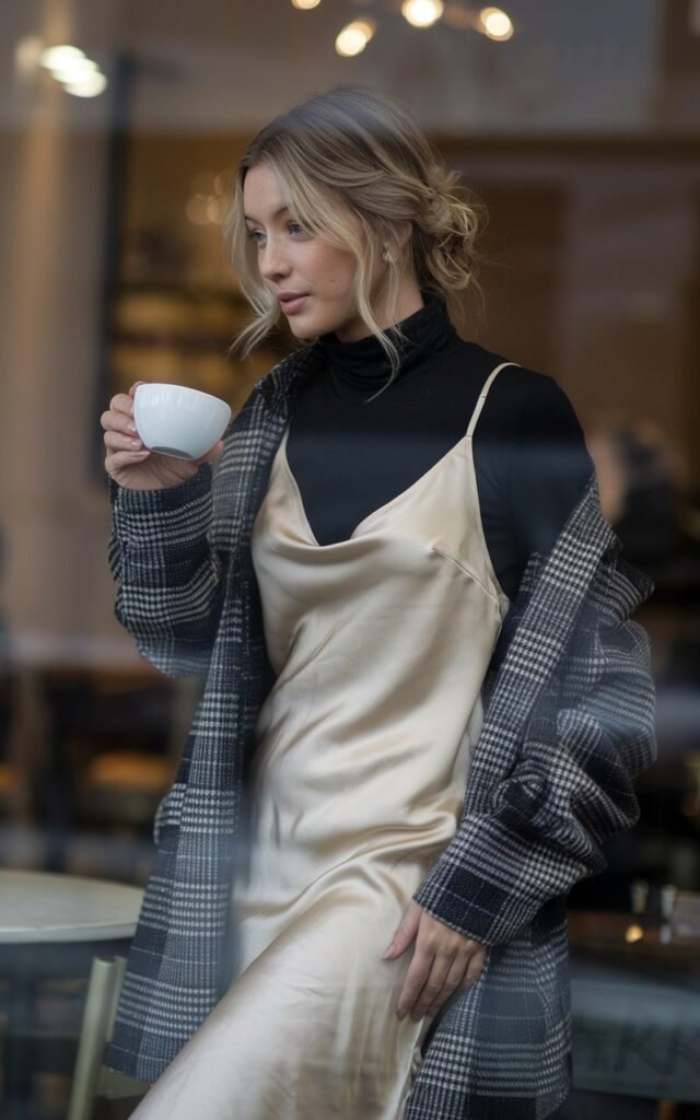 Full-body view of a woman standing by a café window, wearing a black turtleneck layered under a champagne slip dress with heeled boots. Her hair is in a soft updo with loose tendrils, and she’s sipping coffee with a relaxed expression. Soft indoor daylight filters through the window, casting gentle highlights on her silk dress.
