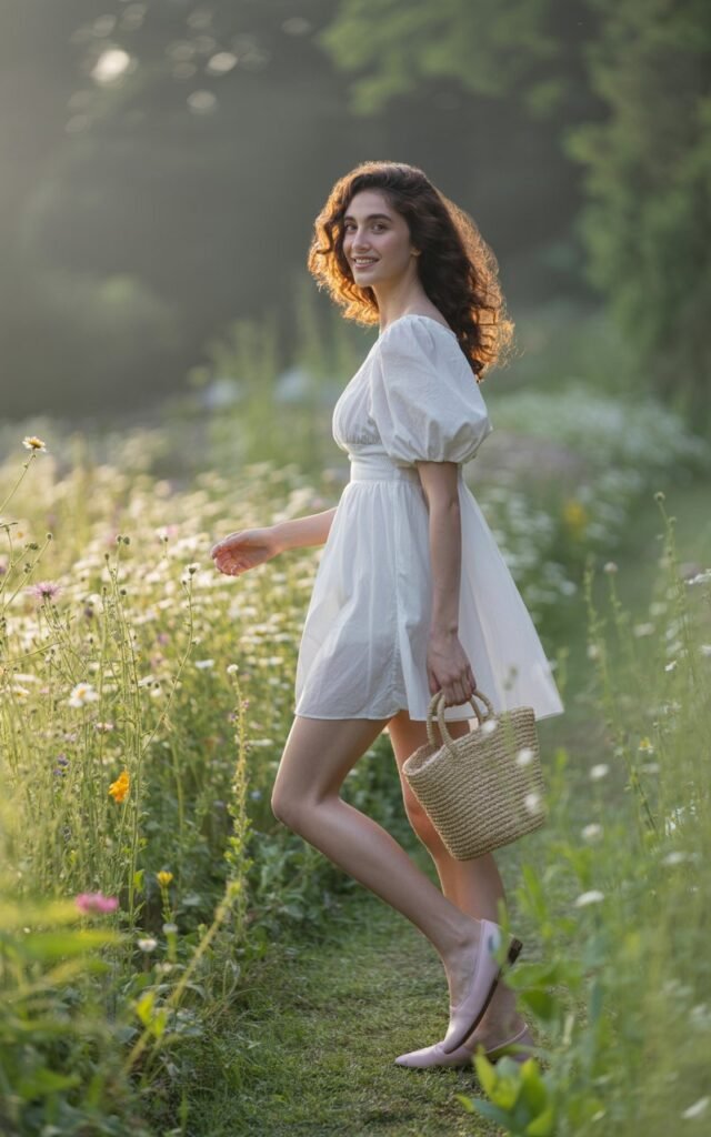Garden setting with soft morning light. Model in a white puff-sleeve mini dress, light pink ballet flats, and a straw bag. Hair styled in loose curls, twirling softly, dreamy expression.
