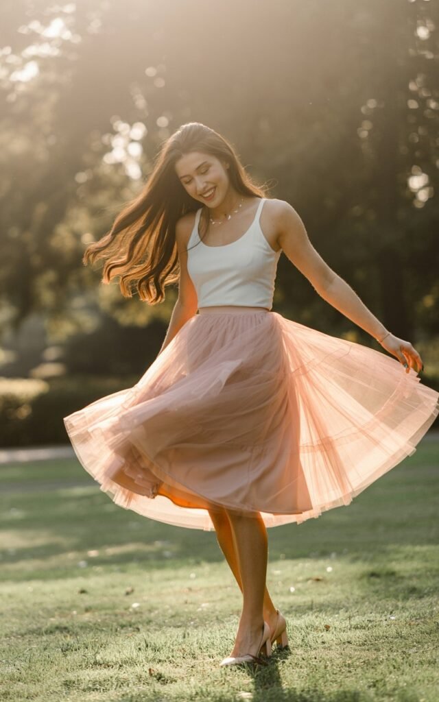 Golden hour outdoor park shot. The model wears a blush-pink tulle midi skirt with a fitted white tank top and nude heels. A delicate necklace adds charm. She spins playfully, eyes closed, hair catching sunlight, with the tulle skirt floating mid-motion.