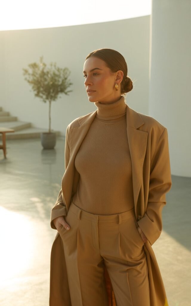 In a minimalist indoor space with golden-hour sunlight streaming in. The model wears a camel turtleneck, matching trousers, and a long coat draped over her shoulders. Her hair is slicked back into a bun, and she accessorizes with gold hoops. She stands tall, exuding quiet confidence.