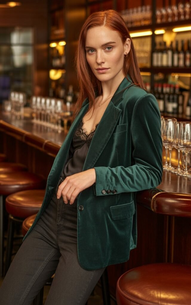 In a softly lit wine bar, a white-skinned model with sleek auburn hair wears a deep emerald velvet blazer, black lace cami, and dark skinny jeans. Ambient golden lighting reflects off glassware. She leans casually against the bar counter, eyes confident, lips slightly parted.