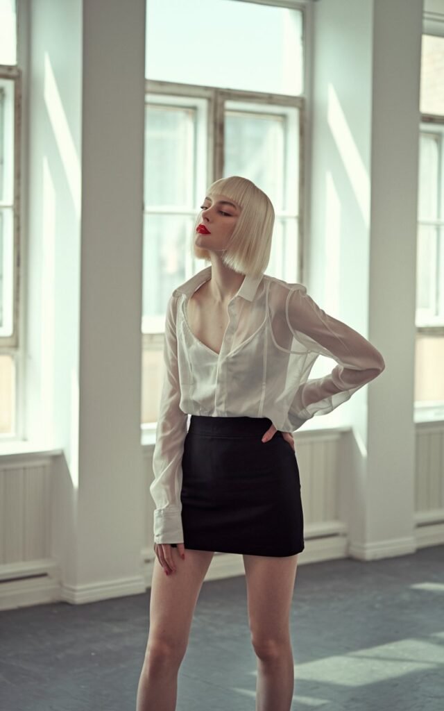Indoor art gallery setting with bright window light. White-skinned model with blunt bob and red lips wears a white sheer blouse, black mini skirt, and ankle boots. Lighting is soft diffused daylight. She stands poised, one hand on hip, subtle confidence in her gaze.