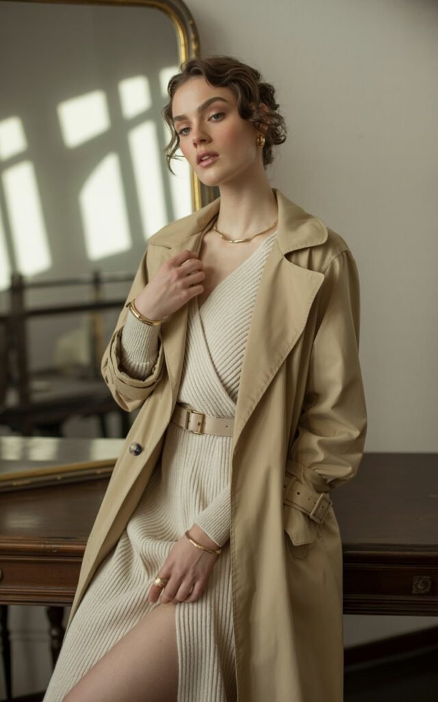 Indoor boutique-style setting with soft window light. The model stands near a mirror, wearing a beige belted trench layered over a ribbed sweater dress in cream. She adds gold jewelry and nude heels. Her hair is softly curled, makeup glowing and minimal. The photo feels intimate and editorial — elegant without effort.