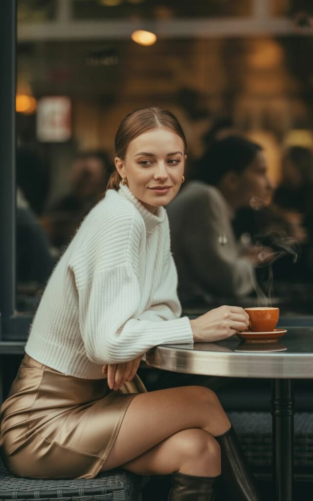 Indoor café setting with warm window light. Model wears a chunky cream knit sweater tucked into a silky bronze mini skirt, paired with knee-high boots. Sitting at a table with coffee, soft thoughtful smile.
