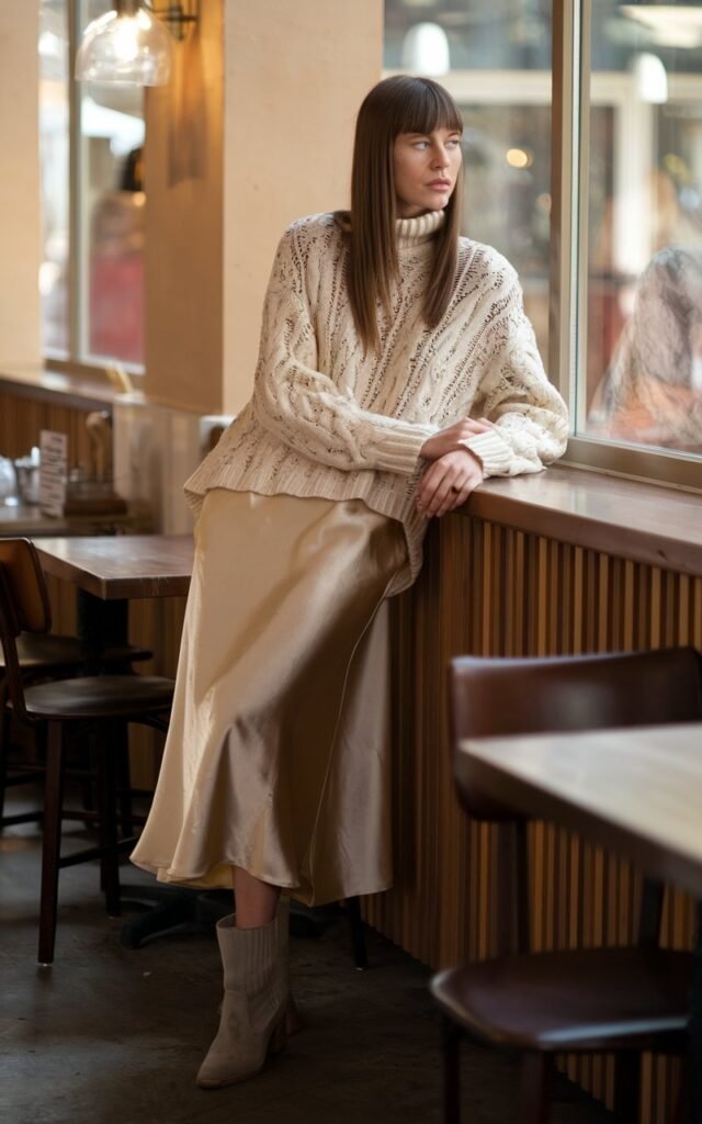 Indoor café with soft daylight. Model with straight brunette hair wears a chunky cream knit sweater tucked into a champagne satin midi skirt and ankle boots. She’s leaning against a wooden counter, looking thoughtfully out the window. Warm, cozy tones.
