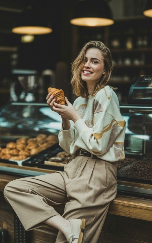 Indoor coffee shop with cozy morning lighting. She wears a printed sweater tucked into beige wool trousers, paired with loafers. Her hair is tousled naturally, and she’s holding a croissant with a playful grin. Effortless everyday charm.
