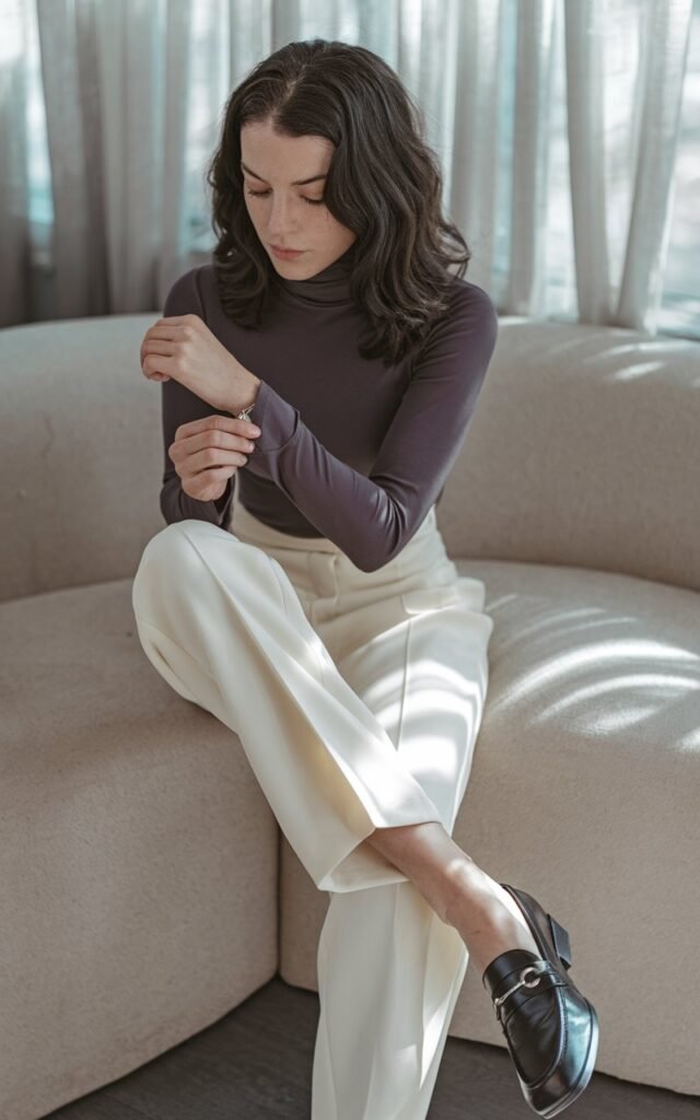 Indoor lifestyle image of a white-skinned woman with dark wavy hair wearing sleek black loafers, cream trousers, and a tucked-in turtleneck. Cozy, minimalist home setting with sunlight filtering through sheer curtains. She’s adjusting her cufflinks, expression calm and thoughtful.