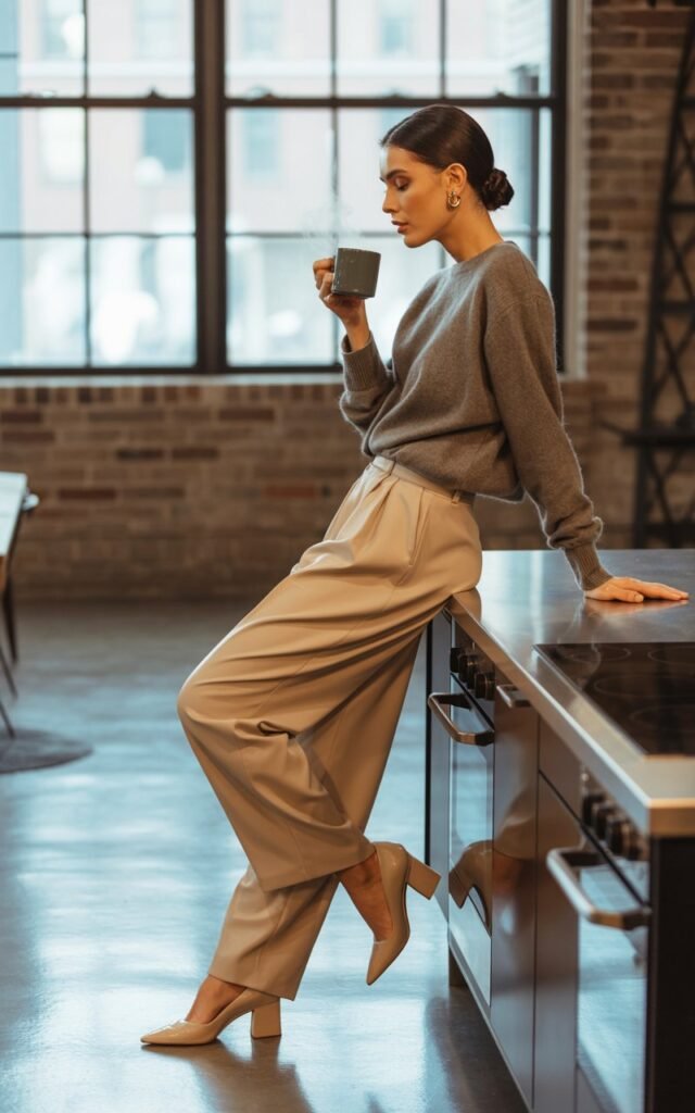 Indoor loft setting with soft window light. Model wears a gray cashmere sweater tucked into beige pleated trousers, neutral heels, and simple gold earrings. Hair styled in a low bun. Pose leaning on a kitchen counter, coffee mug in hand, candid and elegant.