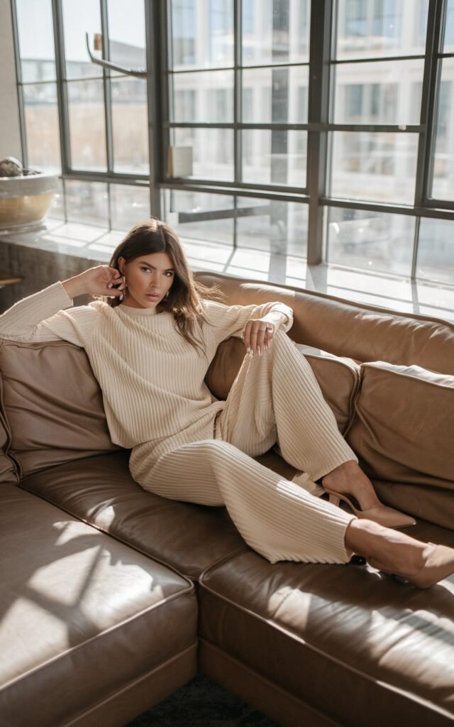 Indoor lounge space with mid-morning sunlight streaming through large windows. The model reclines casually on a modern sofa, wearing a cream ribbed knit matching set and beige pointed mules. Minimal gold jewelry and natural makeup enhance the cozy-luxury vibe. Her hair falls loosely around her shoulders for an approachable yet chic aesthetic.