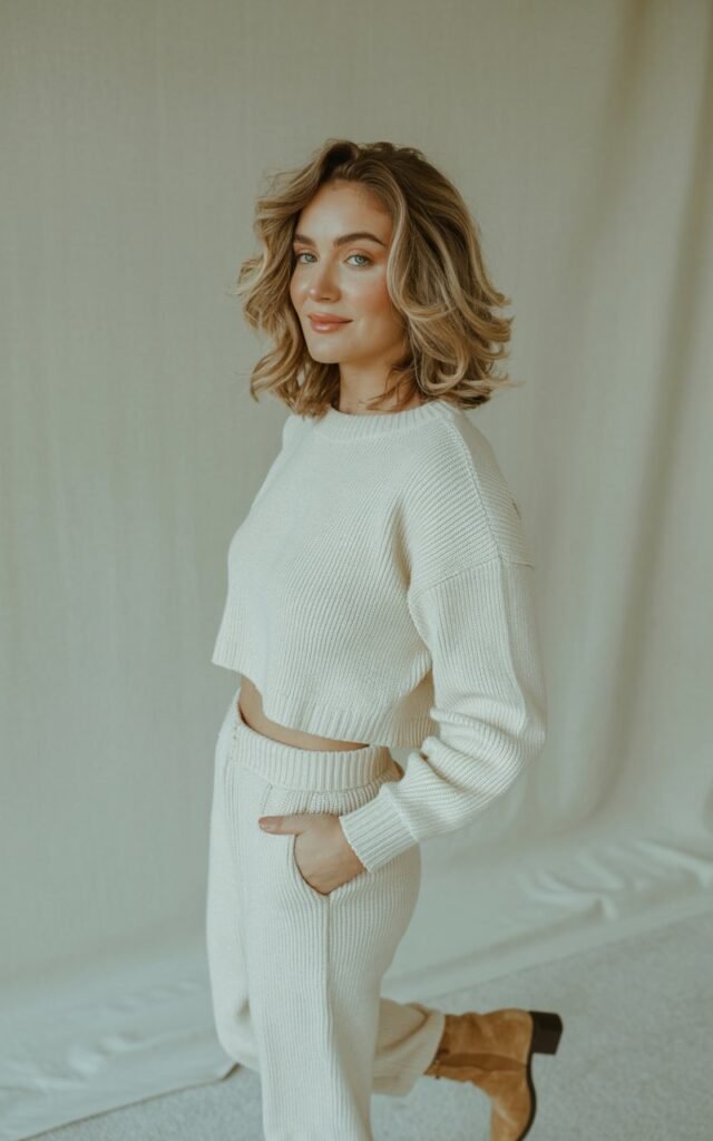 Indoor minimalist studio under soft daylight. She’s wearing a cream knit co-ord set — cropped sweater and matching pants — with tan ankle boots. Hair is styled in soft waves, makeup glowy. She’s standing relaxed with one hand in her pocket, exuding calm sophistication.