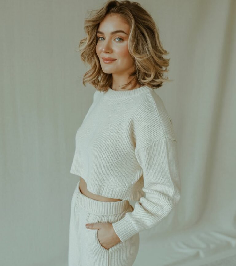 Indoor minimalist studio under soft daylight. She’s wearing a cream knit co-ord set — cropped sweater and matching pants — with tan ankle boots. Hair is styled in soft waves, makeup glowy. She’s standing relaxed with one hand in her pocket, exuding calm sophistication.