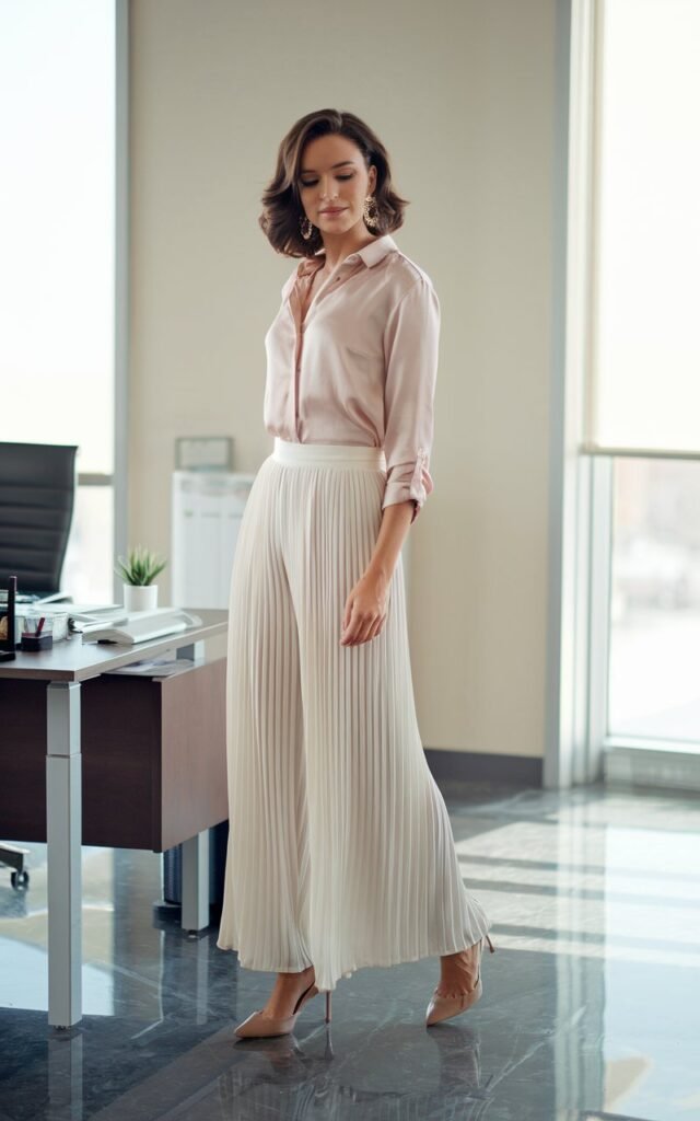 Indoor office setting with soft window light. Full-body view of a woman standing beside a desk, wearing a blush silk blouse tucked into white pleated palazzo pants with pointed heels. Her brunette hair is styled in soft waves, and she wears statement earrings. The polished floor reflects gentle natural light.