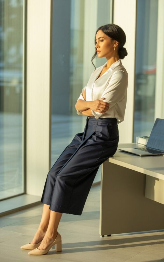 Indoor office setting with soft window light. The woman wears a crisp white poplin blouse tucked into navy culottes and nude block heels. Her hair is pulled into a tidy bun, with soft, natural makeup. She stands beside a desk with a laptop, arms crossed in quiet confidence.