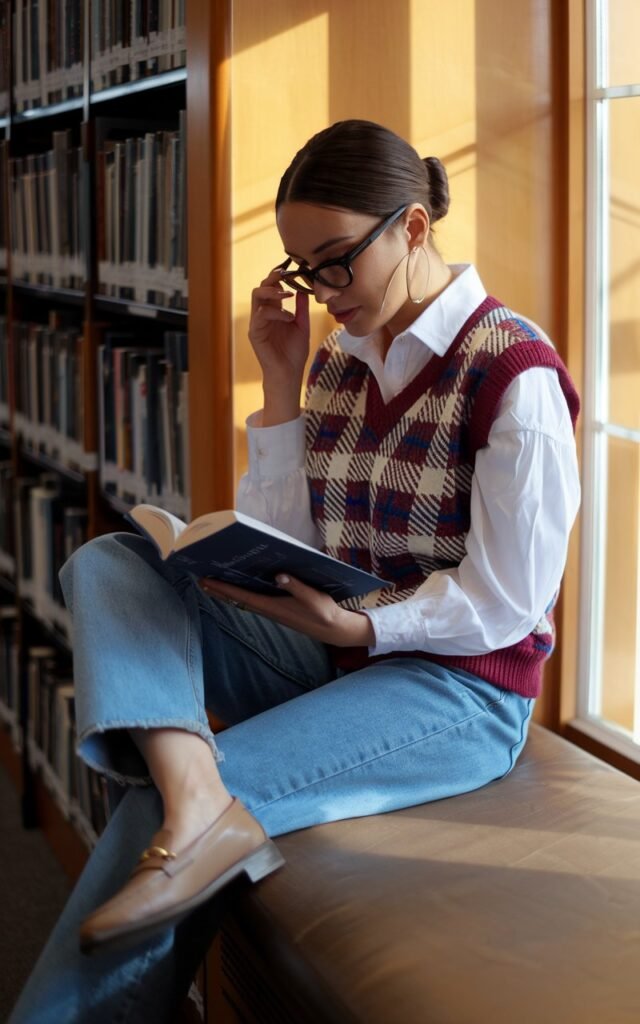Indoor shot in a cozy library setting under warm window light. The model wears a plaid knit vest over a crisp white shirt, straight blue jeans, and loafers. Her hair is in a neat ponytail, and she adjusts her glasses while reading.
