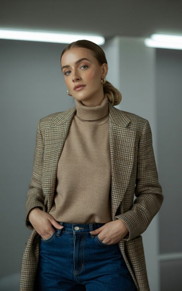 Indoor studio setup with soft diffused lighting. The model stands confidently, hands in pockets, wearing a beige turtleneck under a brown plaid blazer and blue jeans. She finishes the look with ankle boots and subtle gold hoops. Her sleek ponytail and neutral makeup highlight a smart, polished vibe.