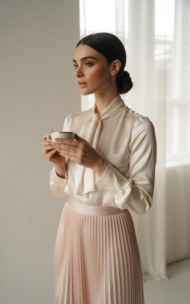 Indoor studio setup with soft window light. The woman stands poised in a cream high-neck blouse tucked into a blush pleated midi skirt. Her hair is styled in a sleek low chignon, makeup minimal and polished. She holds a coffee cup delicately, expression serene and confident.