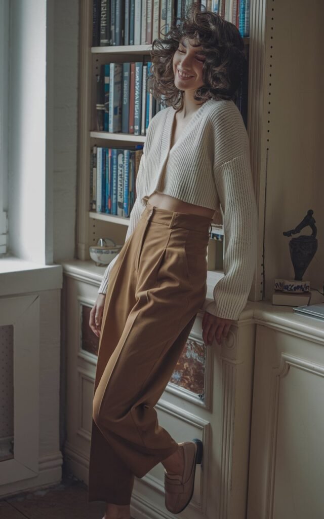Indoor vintage-inspired apartment setting. White-skinned model with natural curls wears high-waisted tan trousers, cream cropped cardigan, and loafers. Lighting is window daylight. She leans casually against a bookshelf, smiling softly — cozy and chic.