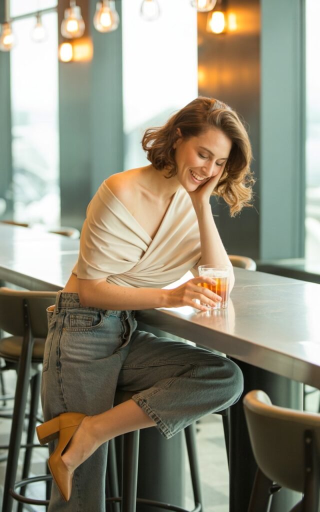 Inside a modern cocktail bar, a fair-skinned brunette with soft waves wears a cream wrap top, high-rise jeans, and tan block heels. Soft indoor lighting through large windows. She’s leaning against a high table, one hand on a drink, smiling warmly.
