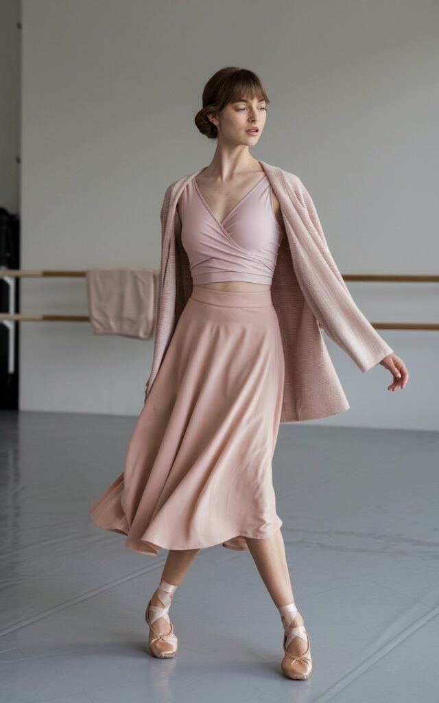 Minimal indoor dance-studio-inspired setting. Model with soft brown hair in a bun wears a blush pink wrap top, flowy midi skirt, and satin ballet flats. She stands gracefully in a half-turn pose, natural daylight highlighting soft fabrics.