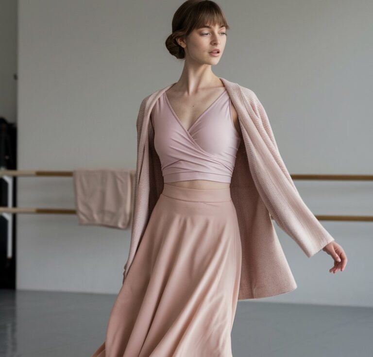 Minimal indoor dance-studio-inspired setting. Model with soft brown hair in a bun wears a blush pink wrap top, flowy midi skirt, and satin ballet flats. She stands gracefully in a half-turn pose, natural daylight highlighting soft fabrics.