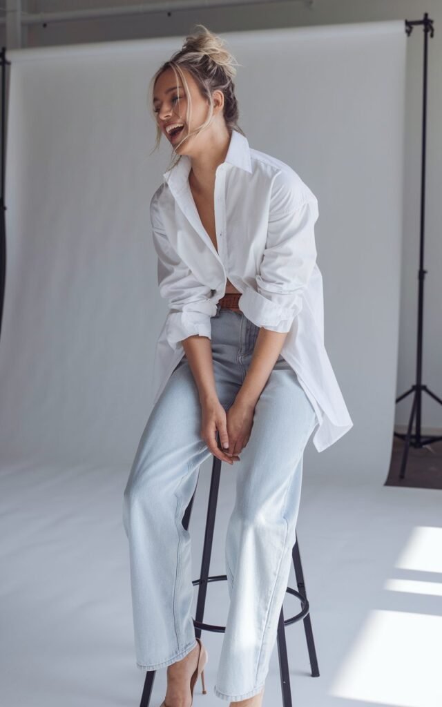 Minimal studio backdrop with white tones. White-skinned model with messy bun wears a crisp white shirt, light blue relaxed jeans, and nude heels. Lighting is bright natural daylight. She sits on a stool mid-laugh — timeless and effortless.