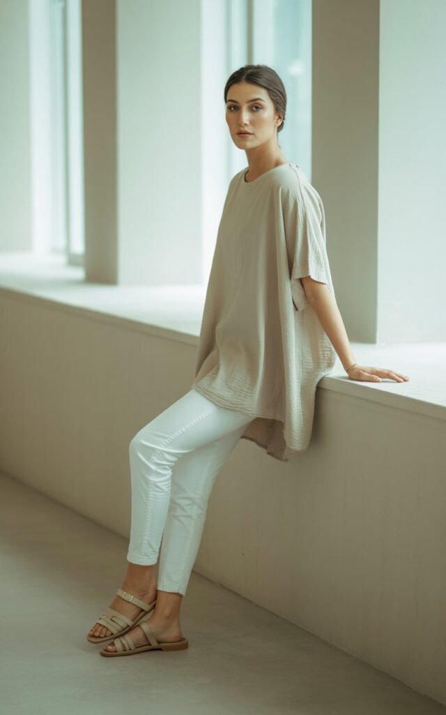 Minimalist indoor setting with soft natural light. The model stands near a large window wearing a beige oversized tunic with white slim cotton pants and leather sandals. Her hair is tucked behind her ears, makeup fresh and simple. She leans slightly on the wall, exuding quiet elegance and ease.