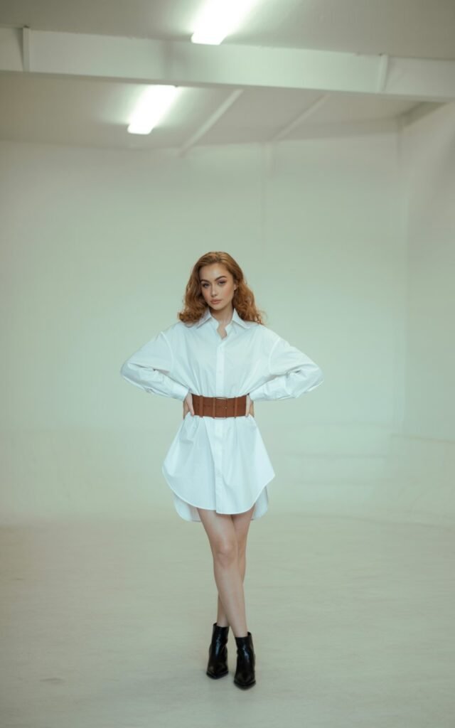 Minimalist indoor studio. The model wears a white oversized shirt dress cinched with a brown leather belt, paired with ankle boots. Her hair is styled in soft waves, subtle dewy makeup. Standing confidently with hands on hips under soft diffused lighting.