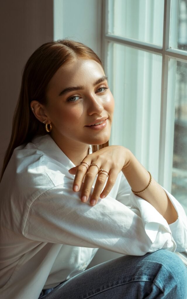 Model close to a window in soft morning light, wearing a simple white blouse and jeans. She accessorizes with gold hoops, dainty rings, and glowing skin. Her pose is natural, slightly leaning forward, smiling softly. The photo feels clean, intimate, and editorial.