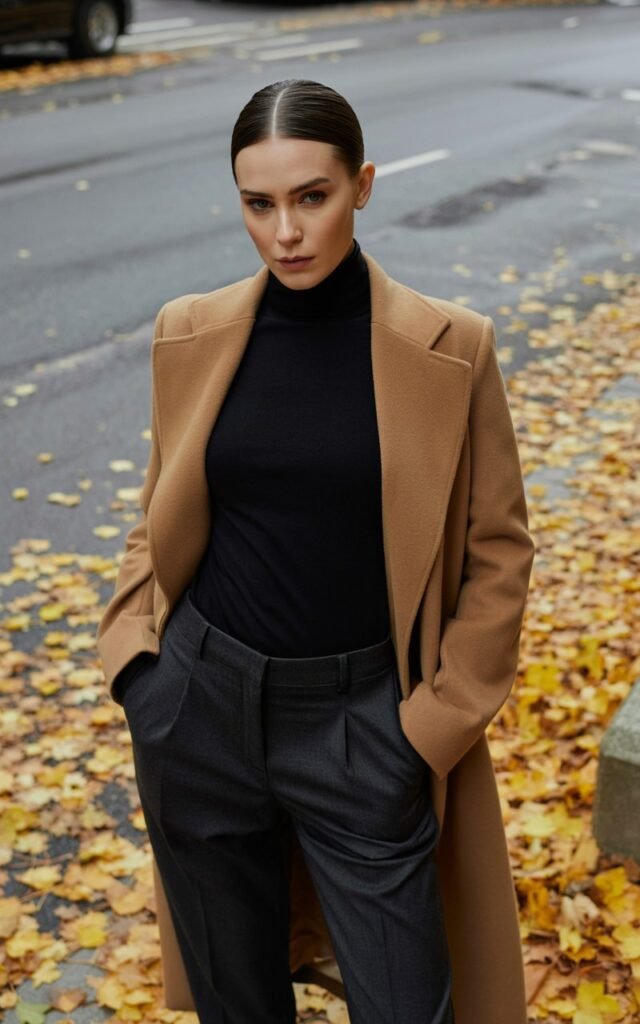 Model dressed in sleek black trousers, black turtleneck, and camel coat, standing in an urban street with fall leaves on the ground. Soft overcast daylight creates clean contrast. Her hair is slicked back in a low bun, and she gives a poised, editorial stare.
