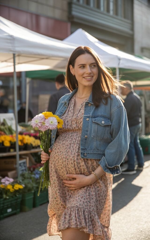Model in a floral printed maternity dress layered with a cropped denim jacket. Standing near a farmers’ market, holding flowers. Morning sunlight, casual and fresh look, smiling naturally.