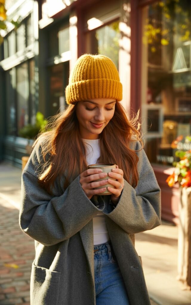 Model in a mustard knit beanie, gray wool coat, and blue jeans, walking through a cozy downtown street. Warm afternoon sunlight hits her from the side. Her long hair peeks from under the hat, and she smiles while holding a coffee cup. The mustard pop feels vibrant yet understated.