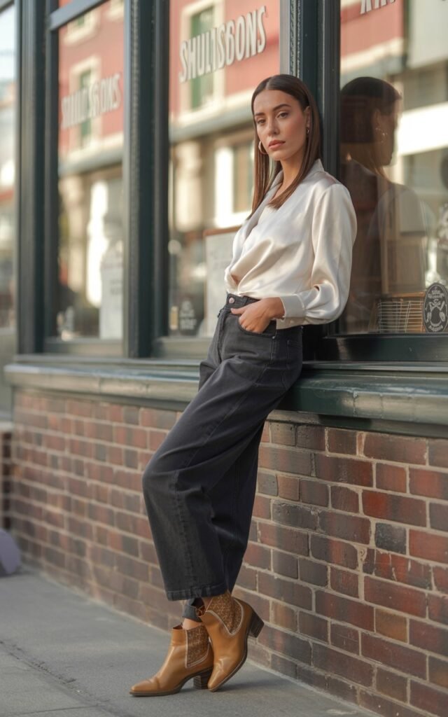 Model in a silky white blouse tucked into dark blue jeans, paired with tan ankle boots. She stands near a brick café exterior under soft daylight. Her hair is sleek and parted in the middle. She poses with one hand in her pocket, exuding effortless sophistication.