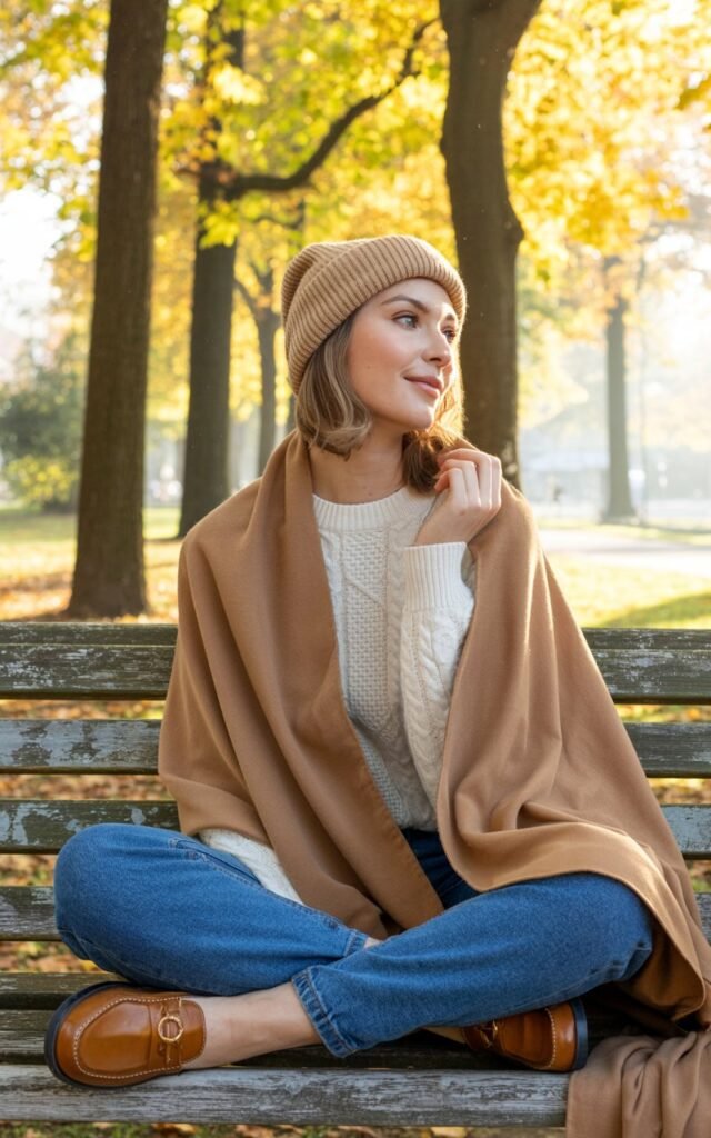 Model in an oversized camel scarf, cream sweater, and light brown wool hat, paired with jeans and loafers. She sits on a park bench under golden trees. Soft morning light adds glow to her face. Her casual, thoughtful expression feels warm and authentic.