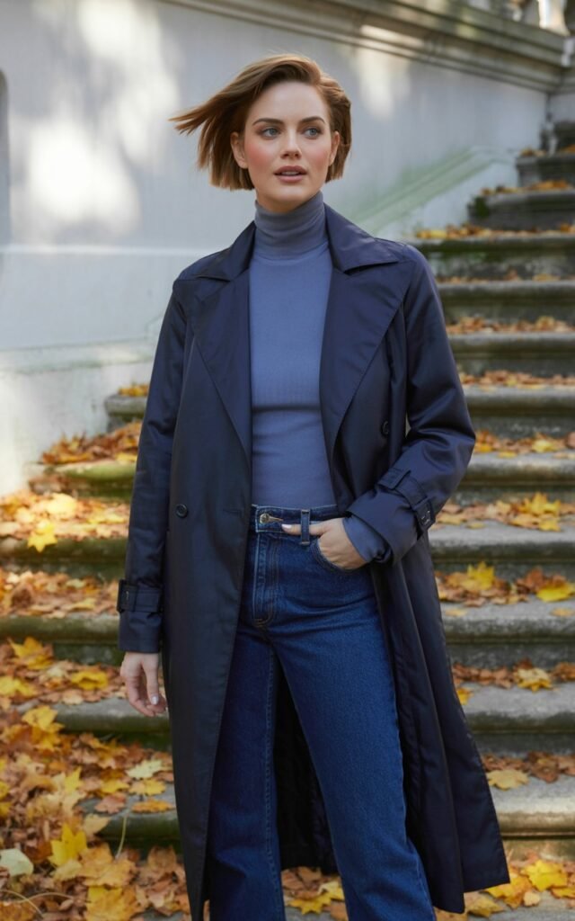 Model in layered shades of navy — navy trench, slate blue turtleneck, and deep denim jeans. She poses on stone steps surrounded by fallen leaves. Soft daylight reflects off the coat’s fabric. Her short, styled hair and confident posture give an upscale editorial feel.