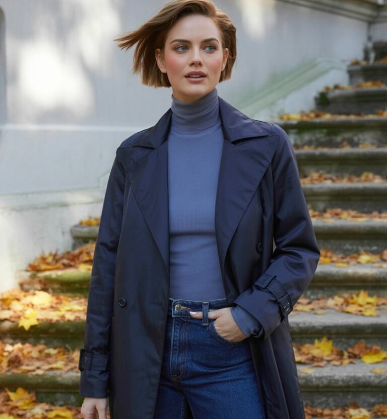 Model in layered shades of navy — navy trench, slate blue turtleneck, and deep denim jeans. She poses on stone steps surrounded by fallen leaves. Soft daylight reflects off the coat’s fabric. Her short, styled hair and confident posture give an upscale editorial feel.