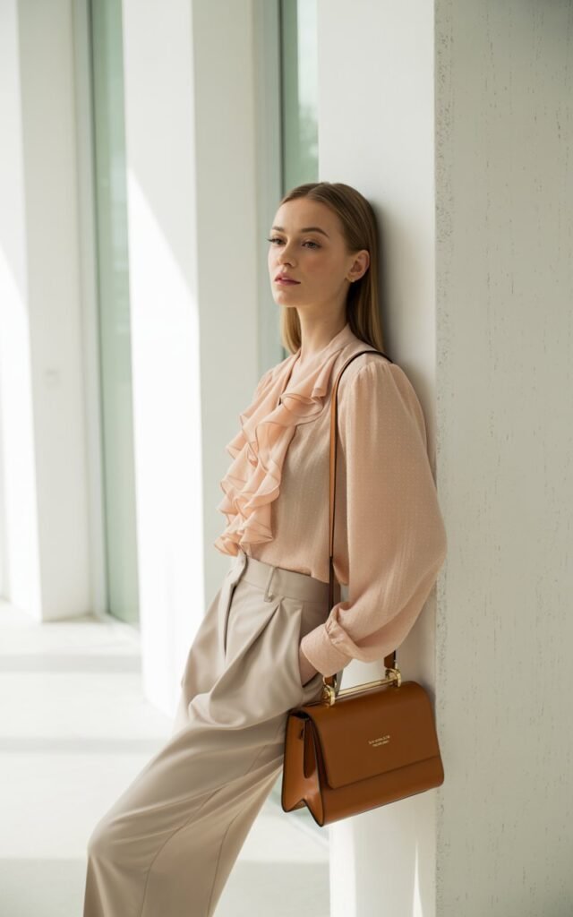 Model leaning against a white studio wall wearing a ruffled blush blouse, tailored beige trousers, and a structured leather handbag. Soft daylight filters through large windows. Her hair is sleek and parted, giving balance to the playful ruffles.