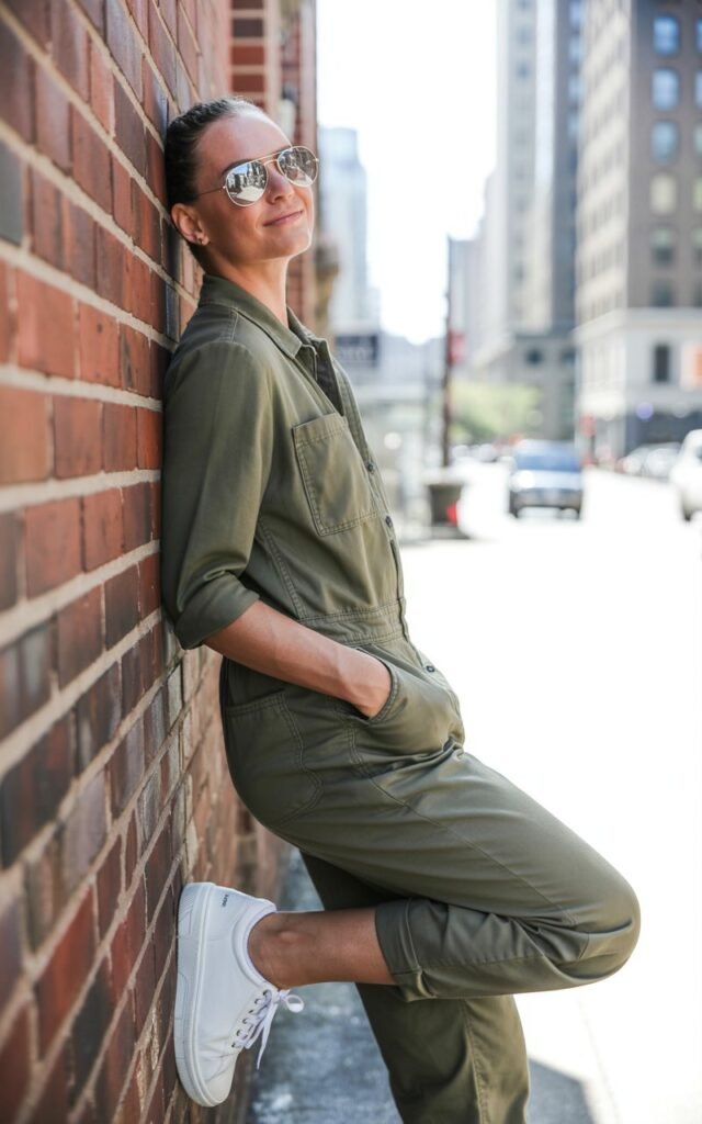 Model leaning casually against a brick wall downtown. Olive-green utility jumpsuit rolled at the sleeves, white sneakers, aviator sunglasses. Bright natural daylight, playful smirk, effortless cool energy.