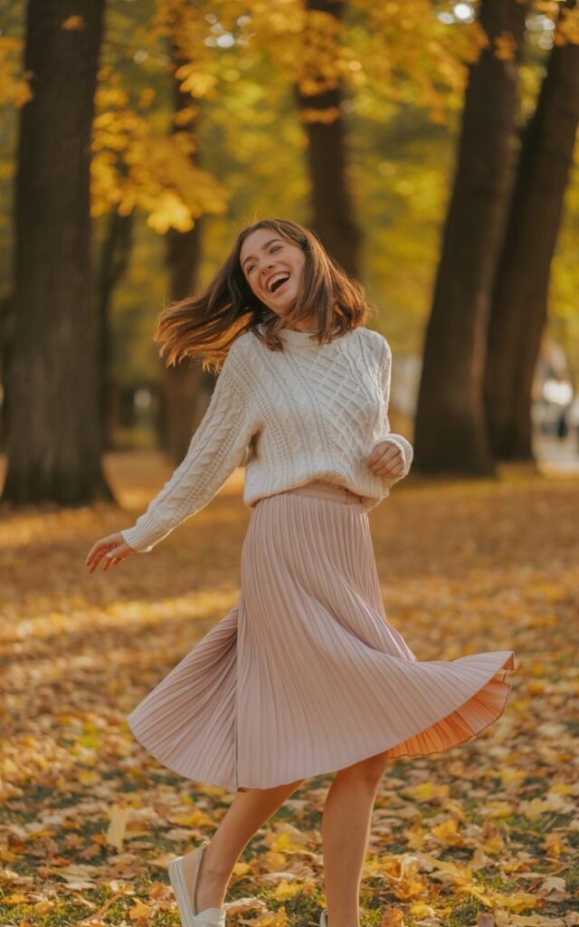 Model mid-twirl in a park during autumn. She wears a pastel pleated midi skirt and a tucked-in cream sweater. The leaves create a golden backdrop. She’s laughing, with her skirt flowing around her and natural light catching the movement.